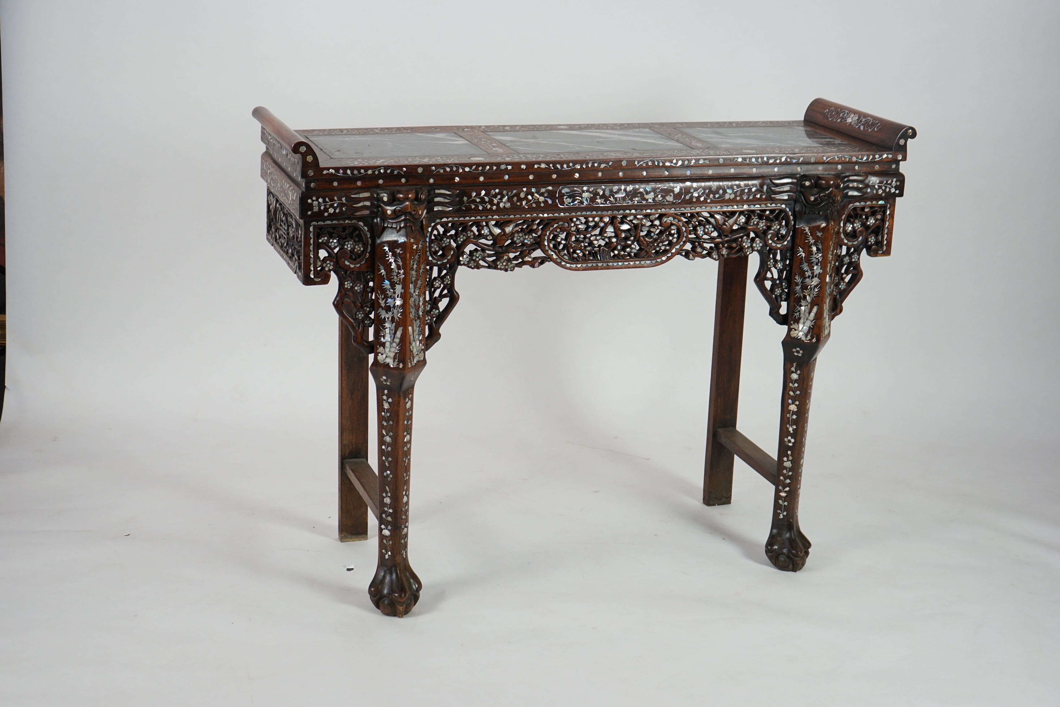 A good Chinese mother-of-pearl inlaid and marble topped hongmu altar table, late 19th/early 20th century